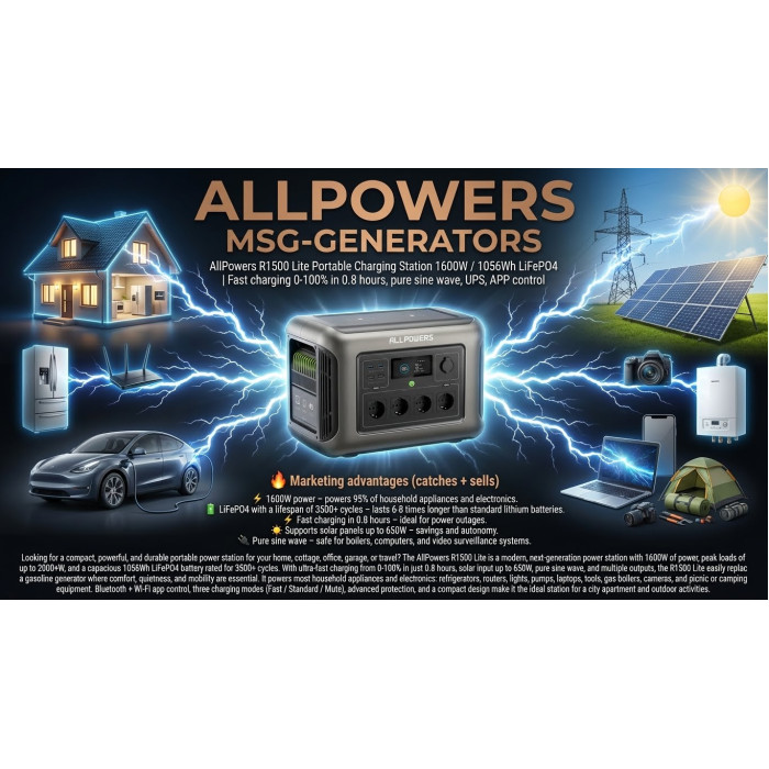 Портативна зарядна станція AllPowers R1500 Lite 1056Wh 1600W LiFePO4: чиста синусоїда, AC 1500W, Solar 650W, USB‑C PD 200W, Wi‑Fi/APP, UPS
