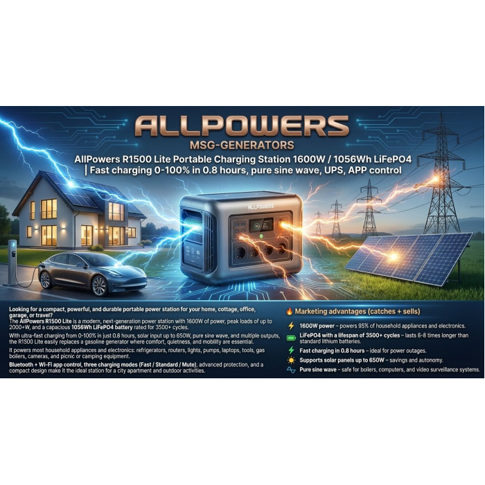 Портативна зарядна станція AllPowers R1500 Lite 1056Wh 1600W LiFePO4: чиста синусоїда, AC 1500W, Solar 650W, USB‑C PD 200W, Wi‑Fi/APP, UPS