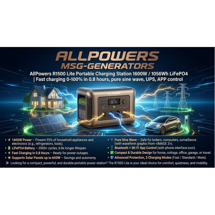 Портативна зарядна станція AllPowers R1500 Lite 1056Wh 1600W LiFePO4: чиста синусоїда, AC 1500W, Solar 650W, USB‑C PD 200W, Wi‑Fi/APP, UPS