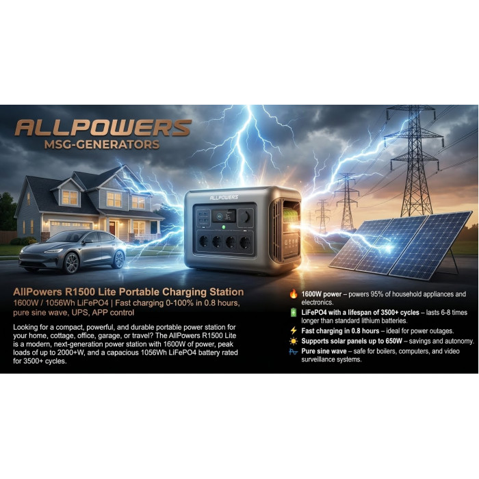 Портативна зарядна станція AllPowers R1500 Lite 1056Wh 1600W LiFePO4: чиста синусоїда, AC 1500W, Solar 650W, USB‑C PD 200W, Wi‑Fi/APP, UPS