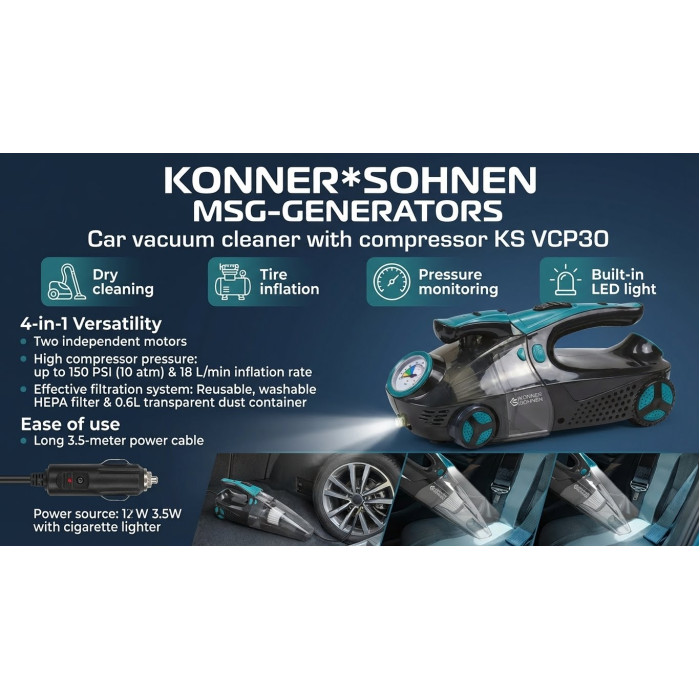 Автомобільний пилосос Könner & Söhnen з компресором KS VCP30 4-в-1 (80 Вт, 3000 Па) - накачування шин 150 PSI, манометр, HEPA, 