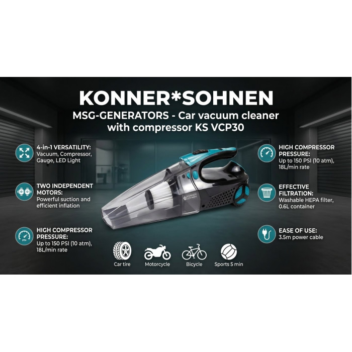 Автомобільний пилосос Könner & Söhnen з компресором KS VCP30 4-в-1 (80 Вт, 3000 Па) - накачування шин 150 PSI, манометр, HEPA, 