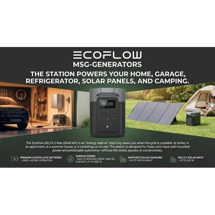 EcoFlow DELTA 2 Max 2048Wh 2400W — портативна зарядна станція LiFePO4, X-Stream 80 хв