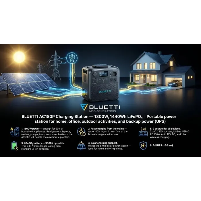 Зарядна станція BLUETTI AC180P 1440Wh 1800Вт (пік 2700Вт) LiFePO4 UPS чиста синусоїда швидка зарядка 0–80% за 45 хв