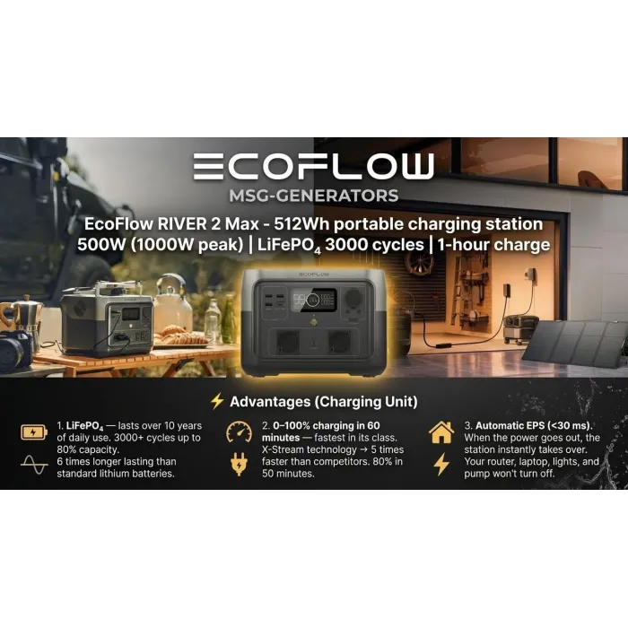 Зарядна станція EcoFlow RIVER 2 Max 512Wh LiFePO4 — швидке заряджання за 60 хв та EPS