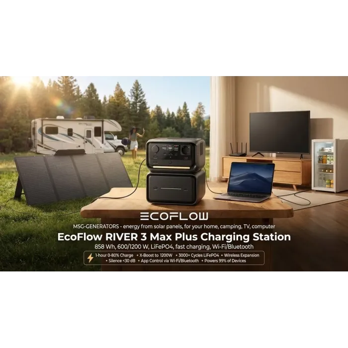 Зарядна станція EcoFlow RIVER 3 Max Plus 858Wh LiFePO4 — 600 W (пік 1200 W), 3×230 В, тиха