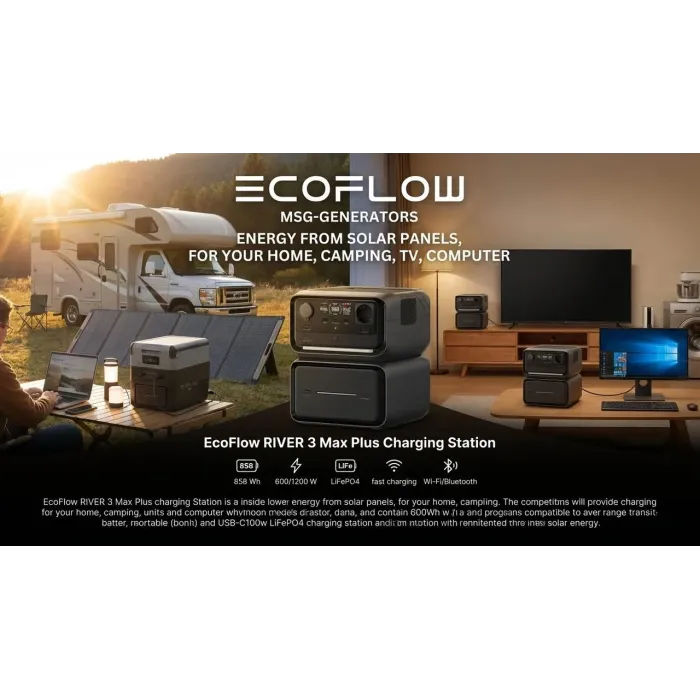 Зарядна станція EcoFlow RIVER 3 Max Plus 858Wh LiFePO4 — 600 W (пік 1200 W), 3×230 В, тиха