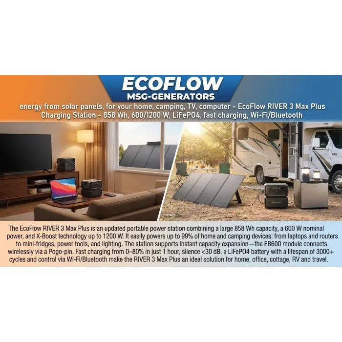 Зарядна станція EcoFlow RIVER 3 Max Plus 858Wh LiFePO4 — 600 W (пік 1200 W), 3×230 В, тиха