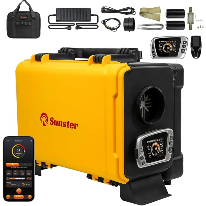 Дизельний повітряний нагрівач Sunster 8 кВт 12V/24V + 110–240V з Bluetooth та LCD для будинку, кемпінгу й авто (внутрішня циркуляція)