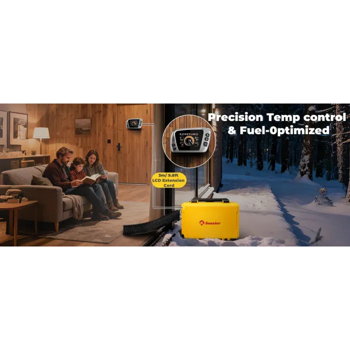 Дизельний повітряний нагрівач Sunster 8 кВт 12V/24V + 110–240V з Bluetooth та LCD для будинку, кемпінгу й авто (внутрішня циркуляція)