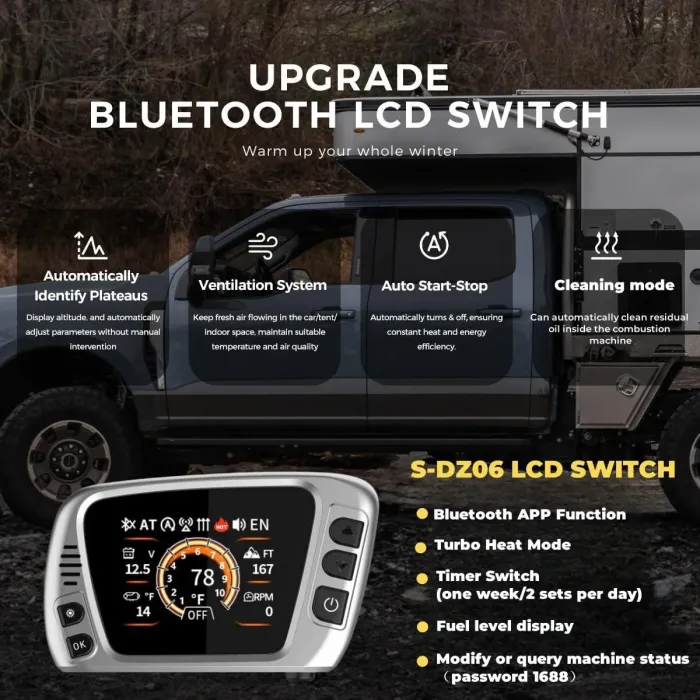 Дизельний повітряний нагрівач Sunster 8 кВт 12V/24V + 110–240V з Bluetooth та LCD для будинку, кемпінгу й авто (внутрішня циркуляція)