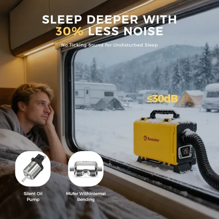 Дизельний повітряний нагрівач Sunster 8 кВт 12V/24V + 110–240V з Bluetooth та LCD для будинку, кемпінгу й авто (внутрішня циркуляція)