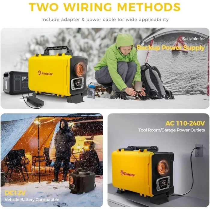 Дизельний повітряний нагрівач Sunster 8 кВт 12V/24V + 110–240V з Bluetooth та LCD для будинку, кемпінгу й авто (внутрішня циркуляція)