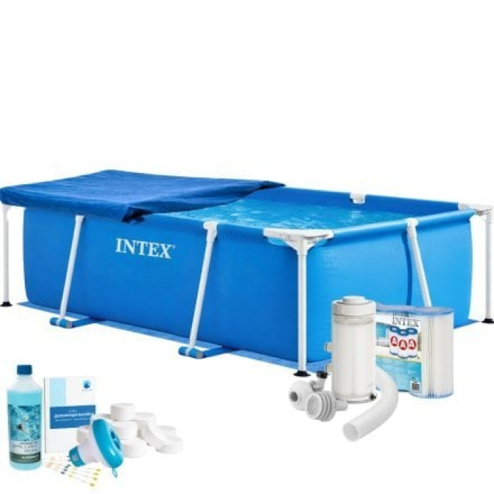 Каркасний басейн Max Intex 28270-7в1, 220 х 150 х 60 см (басейн, підстилка, фільтр 2 006 л/год, картриджі, альгенікс, хлор таблетки, тент)