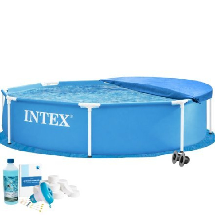 Каркасный бассейн Intex 28205-5в1, 244 х 51 см (басейн, підстилка, альгенікс, хлор таблетки, тент)