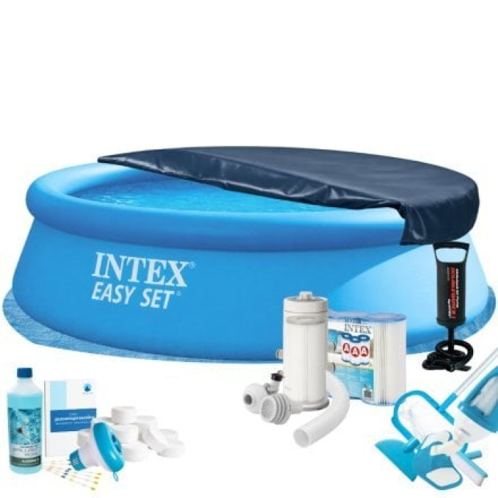 Надувний басейн Max Intex 28130-10в1, 366 х 76 см (басейн, підстилка, насос, фільтр 3 785 л/год, картриджі, альгенікс, хлор таблетки, тент, сачок, пилосос)
