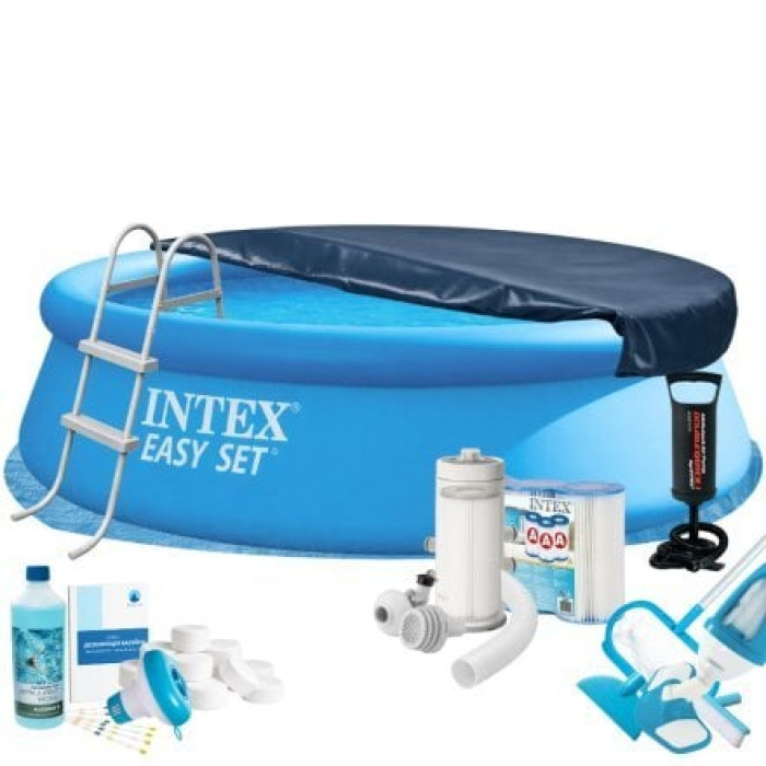 Надувний басейн MaxPro Intex 28130-11в1, 366 х 76 см (басейн, підстилка, насос, драбина, фільтр 3 785 л/год, картриджі, альгенікс, хлор таблетки, тент, сачок, пилосос)