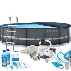 Каркасний басейн Max Intex 26326-10в1, 488 x 122 см (басейн, підстилка, драбина, фільтр 7 900 л/год, пісок, альгенікс, хлор таблетки, тент, скіммер, пилосос)