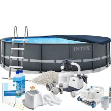 Каркасний басейн MaxPro Intex 26326-11в1, 488 x 122 см (басейн, підстилка, драбина, фільтр 7 900 л/год, пісок, альгенікс, хлоргенератор 7 г/год, сіль, тент, скіммер, робот-пилосос)