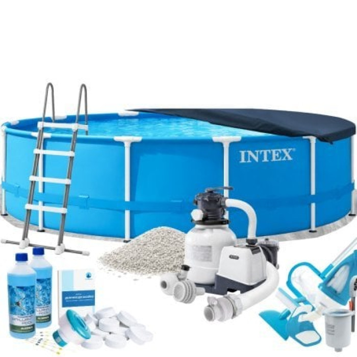 Каркасний басейн Max Intex 28242-10в1, 457 x 122 см (басейн, підстилка, драбина, фільтр 7 900 л/год, пісок, альгенікс, хлор таблетки, тент, скіммер, пилосос)