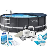 Каркасный бассейн Max Intex 26330-10в1, 549 x 132 см (басейн, підстилка, драбина, фільтр 10 500 л/год, пісок, альгенікс, хлор таблетки, тент, скіммер, пилосос)