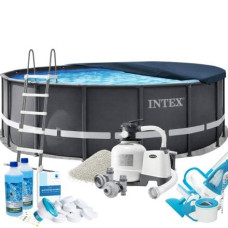 Каркасний басейн Max Intex 26330-10в1, 549 x 132 см (басейн, підстилка, драбина, фільтр 10 500 л/год, пісок, альгенікс, хлор таблетки, тент, скіммер, пилосос)
