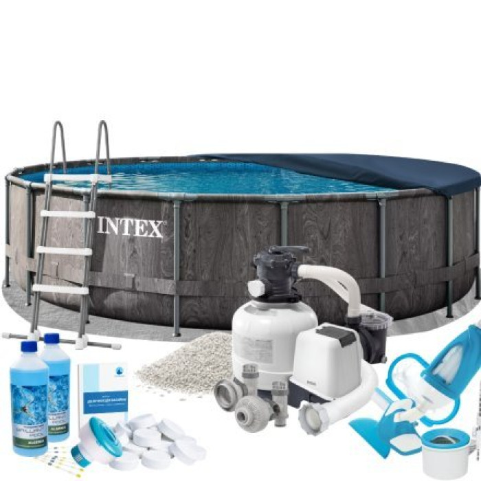 Каркасний басейн Max Intex 26744-10в1, 549 x 122 см (басейн, підстилка, драбина, фільтр 10 500 л/год, пісок, альгенікс, хлор таблетки, тент, скіммер, пилосос)