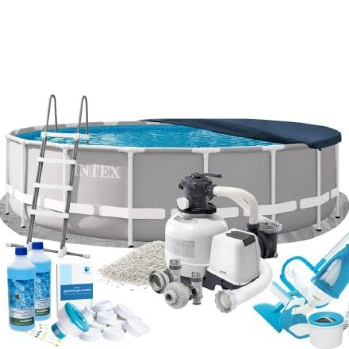Каркасний басейн Max Intex 26732-10в1 549 x 122 см (басейн, підстилка, драбина, фільтр 10 500 л/год, пісок, альгенікс, хлор таблетки, тент, скіммер, пилосос)