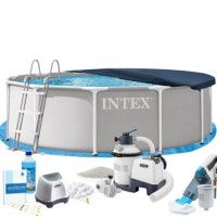 Каркасний басейн MaxPro Intex 26716-11в1 366 х 99 см (басейн, підстилка, драбина, фільтр 3 500 л/год, пісок, хлоргенератор 4 г/год, сіль, альгенікс, тент, скіммер, акум. пилосос)