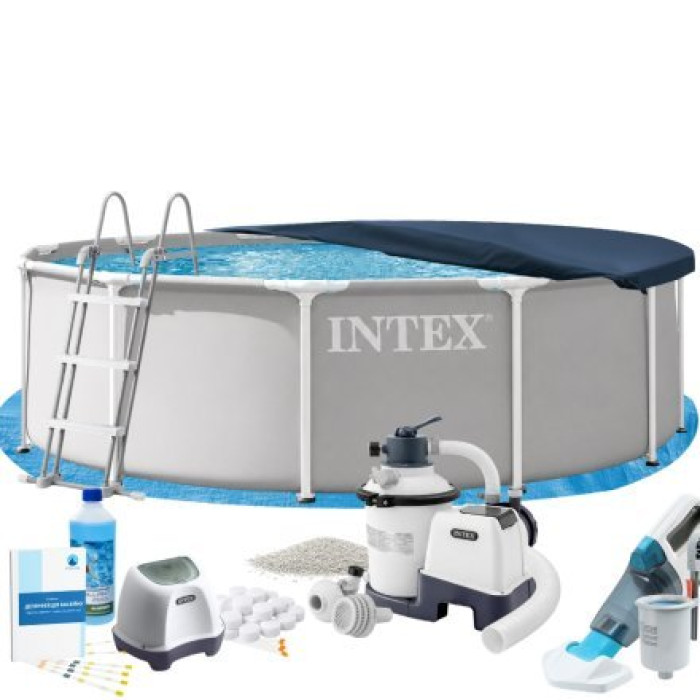 Каркасний басейн MaxPro Intex 26716-11в1 366 х 99 см (басейн, підстилка, драбина, фільтр 3 500 л/год, пісок, хлоргенератор 4 г/год, сіль, альгенікс, тент, скіммер, акум. пилосос)
