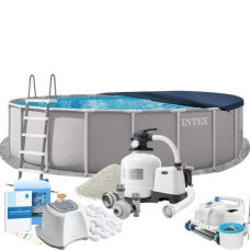 Каркасний басейн MaxPro Intex 26756-11в1, 610 х 132 см (басейн, підстилка, драбина, фільтр 10 500 л/год, пісок, альгенікс, хлоргенератор 16 г/год, сіль, тент, скіммер, робот-пилосос)