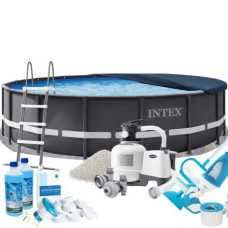 Каркасний басейн Max Intex 26334-10, 610 х 122 см (басейн, підстилка, драбина, фільтр 10 500 л/год, пісок, альгенікс, хлор таблетки, тент, скіммер, пилосос)
