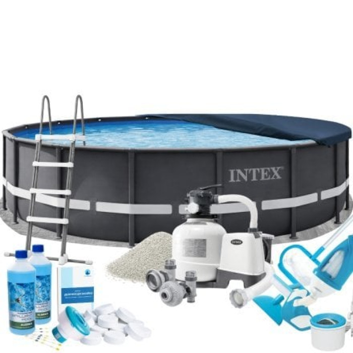 Каркасний басейн Max Intex 26334-10, 610 х 122 см (басейн, підстилка, драбина, фільтр 10 500 л/год, пісок, альгенікс, хлор таблетки, тент, скіммер, пилосос)