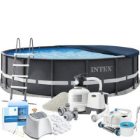 Каркасний басейн MaxPro Intex 26334-11в1, 610 х 122 см (басейн, підстилка, драбина, фільтр 10 500 л/год, пісок, альгенікс, хлоргенератор 16 г/год, сіль, тент, скіммер, робот-пилосос)