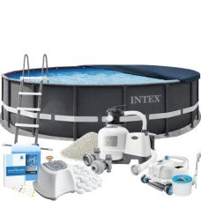 Каркасний басейн MaxPro Intex 26334-11в1, 610 х 122 см (басейн, підстилка, драбина, фільтр 10 500 л/год, пісок, альгенікс, хлоргенератор 16 г/год, сіль, тент, скіммер, робот-пилосос)