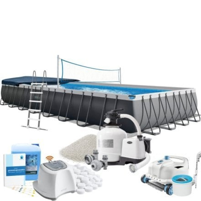 Каркасний басейн MaxPro Intex 26378-12в1, 975 х 488 х 132 см (басейн, підстилка, драбина, фільтр 12 000 л/год, пісок, альгенікс, хлоргенератор 16 г/год, сіль, тент, скіммер, робот-пилосос, волейбол)