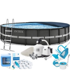 Каркасний басейн Max Intex 26340-10в1, 732 x 132 см (басейн, підстилка, драбина, фільтр 12 000 л/год, пісок, альгенікс, хлор таблетки, тент, скіммер, пилосос)