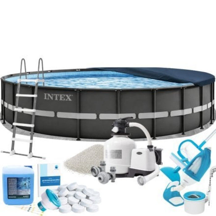 Каркасний басейн Max Intex 26340-10в1, 732 x 132 см (басейн, підстилка, драбина, фільтр 12 000 л/год, пісок, альгенікс, хлор таблетки, тент, скіммер, пилосос)