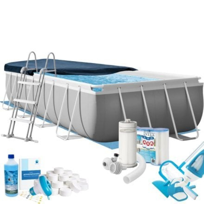Каркасний басейн Max Intex 26792-10в1 (26356), 488 х 244 х 107 см (басейн, підстилка, драбина, фільтр 3 785 л/год, картриджі, альгенікс, хлор таблетки, тент, сачок, пилосос)