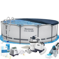 Каркасний басейн MaxPro Bestway 56420-11в1, 366 х 122 см (басейн, підстилка, драбина, фільтр 3 500 л/год, пісок, хлоргенератор 4 г/год, сіль, альгенікс, тент, скіммер, акум. пилосос)
