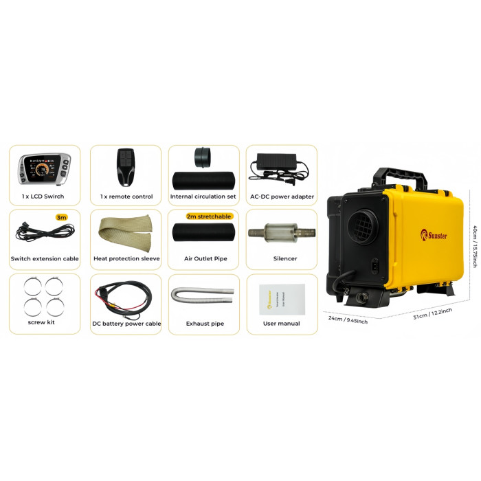 Дизельний повітряний нагрівач Sunster 8 кВт 12V/24V + 110–240V з Bluetooth та LCD для будинку, кемпінгу й авто (внутрішня циркуляція)