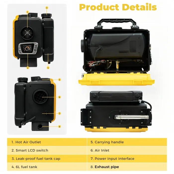Дизельний повітряний нагрівач Sunster 8 кВт 12V/24V + 110–240V з Bluetooth та LCD для будинку, кемпінгу й авто (внутрішня циркуляція)