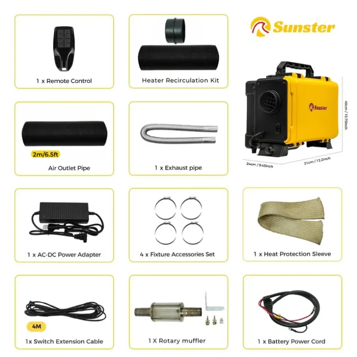 Дизельний повітряний нагрівач Sunster 8 кВт 12V/24V + 110–240V з Bluetooth та LCD для будинку, кемпінгу й авто (внутрішня циркуляція)