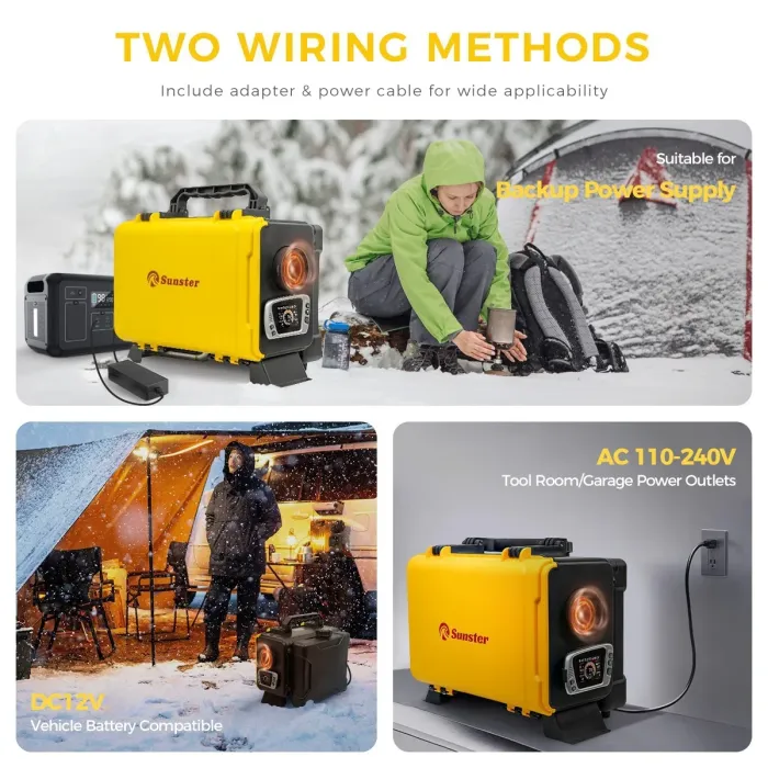 Дизельний повітряний нагрівач Sunster 8 кВт 12V/24V + 110–240V з Bluetooth та LCD для будинку, кемпінгу й авто (внутрішня циркуляція)