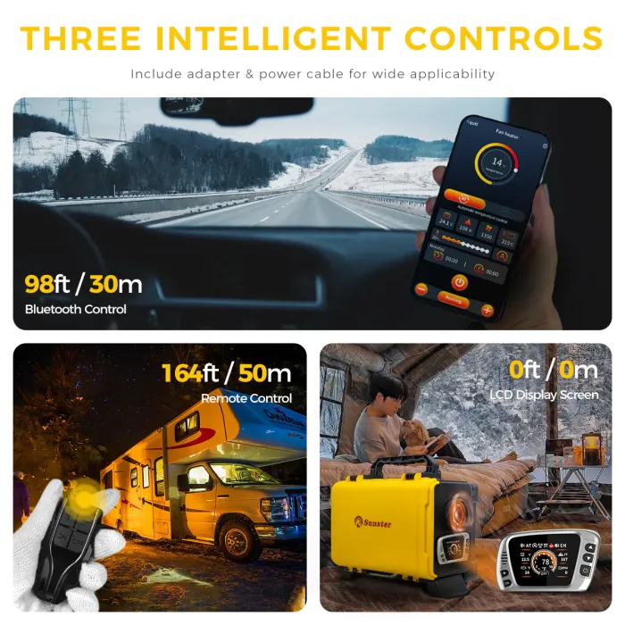 Дизельний повітряний нагрівач Sunster 8 кВт 12V/24V + 110–240V з Bluetooth та LCD для будинку, кемпінгу й авто (внутрішня циркуляція)