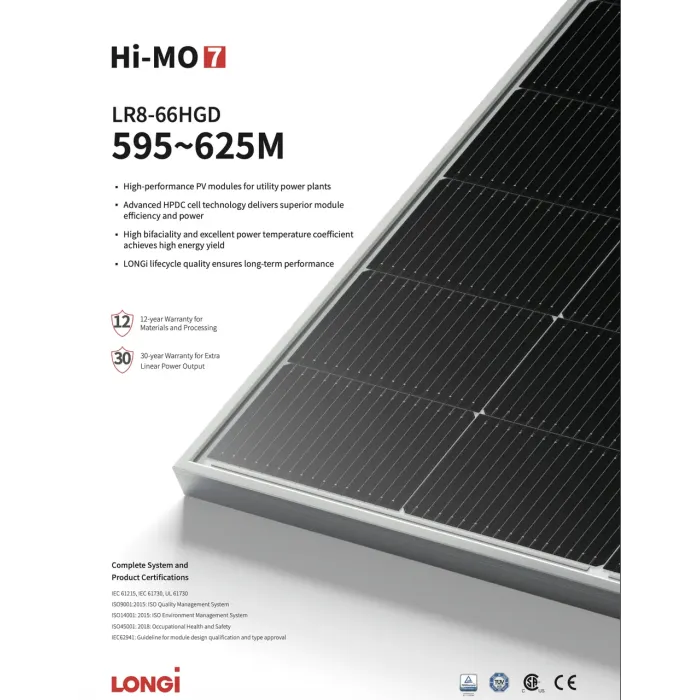 Солнечная панель LONGi Hi-MO 7 LR8-66HGD-615M 615W bifacial, КПД 22.8%, стекло-стекло, 1500V, IP68, гарантия 12/30 лет