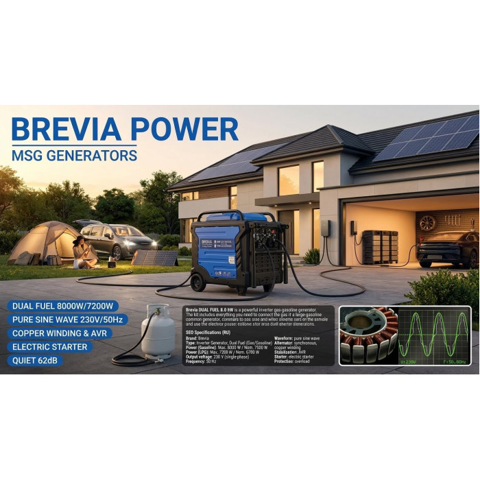Инверторный генератор Brevia DUAL FUEL 8 кВт газ/бензин с электростартером, 230 В