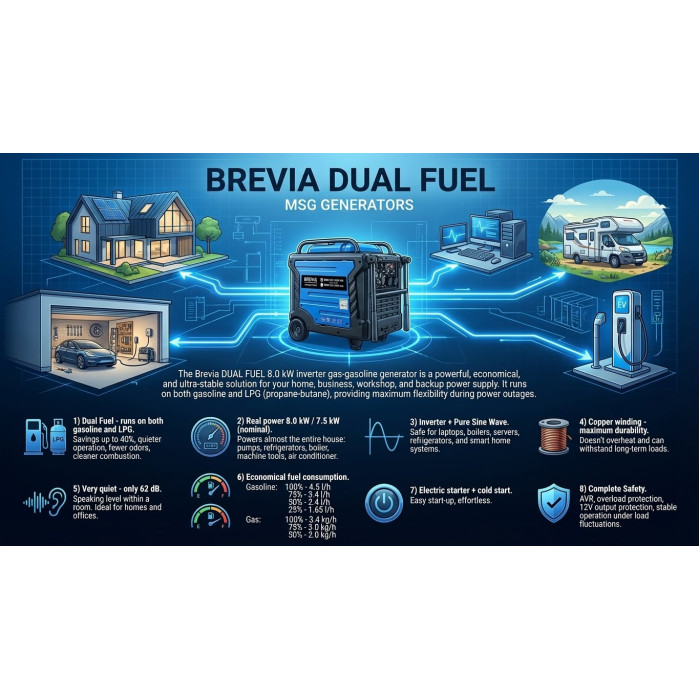 Инверторный генератор Brevia DUAL FUEL 8 кВт газ/бензин с электростартером, 230 В