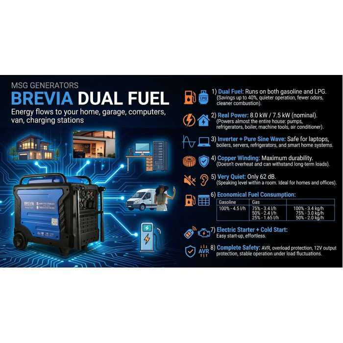 Инверторный генератор Brevia DUAL FUEL 8 кВт газ/бензин с электростартером, 230 В