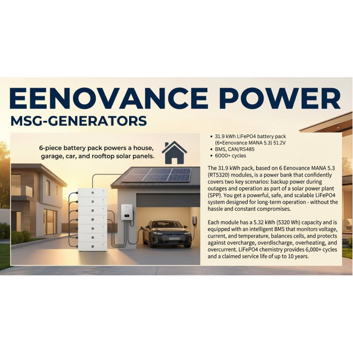 Аккумулятор LiFePO4 Eenovance 5.3 кВт·ч 51.2В для дома, BMS, 6000 циклов, срок службы 10 лет, до 15 параллельно